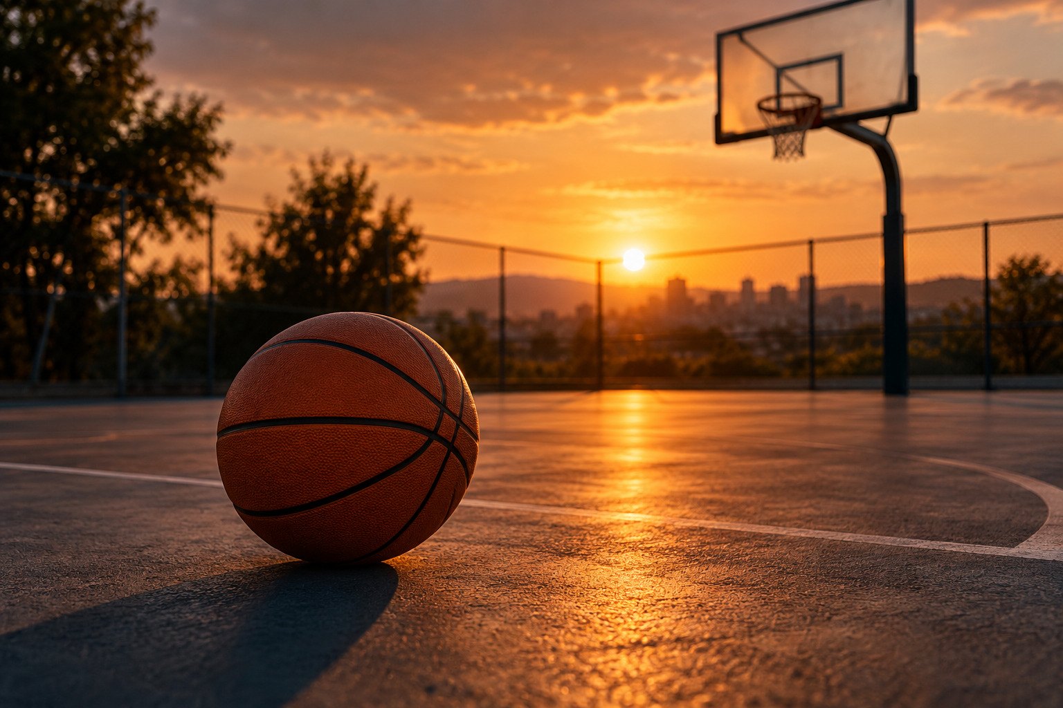 Illustrative basketball on an empty outdoor court at dusk