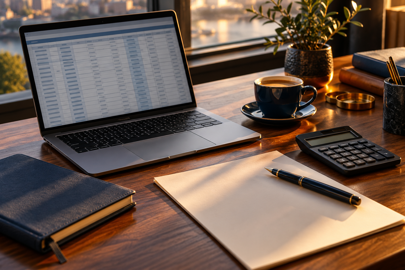 Illustrative finance workspace with a laptop, calculator and paperwork